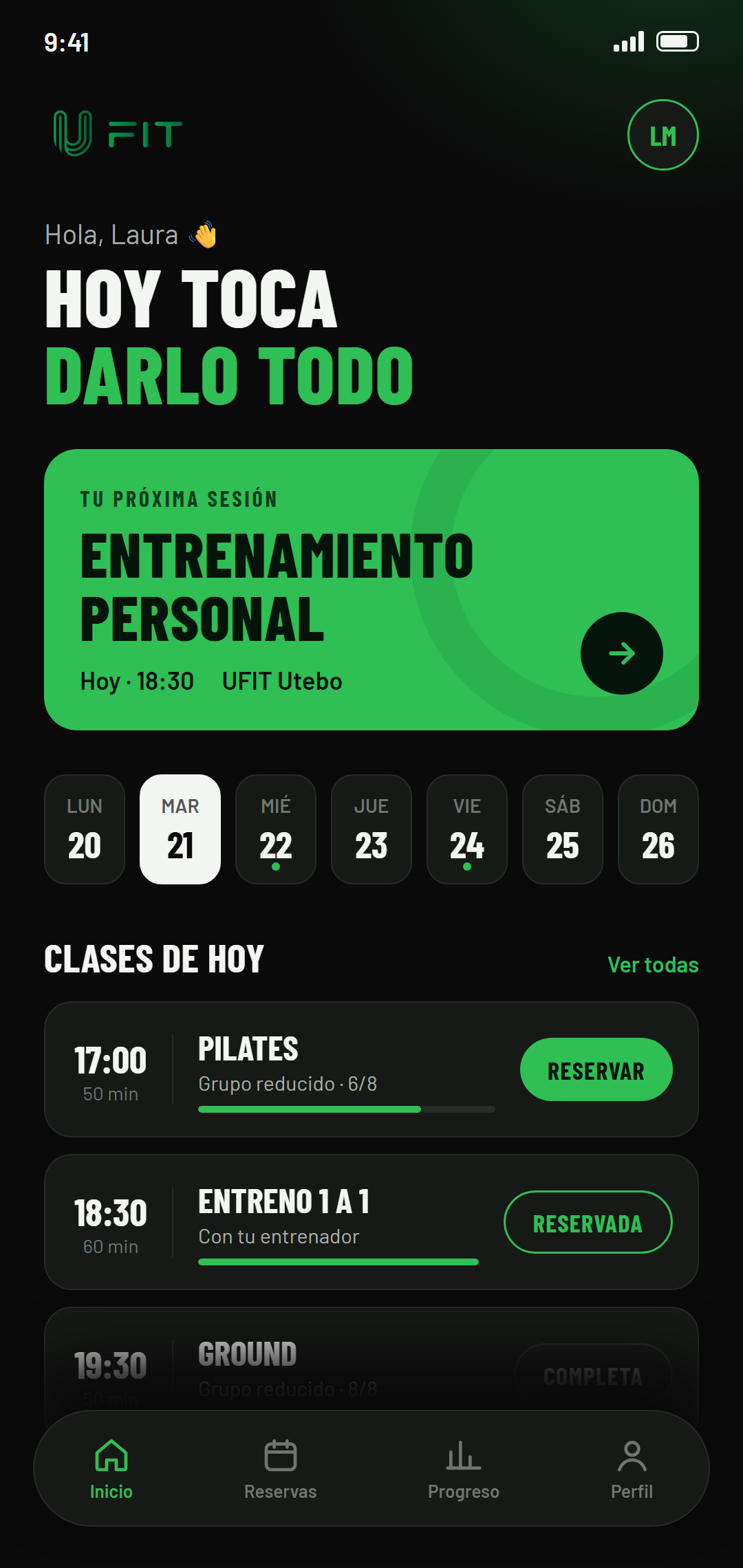 App de reservas de UFIT: próxima sesión y clases del día